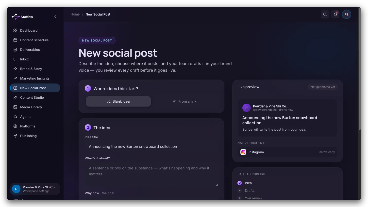 The New social post composer: choosing a starting point, writing the idea, and a live preview with the path to publish beside it.