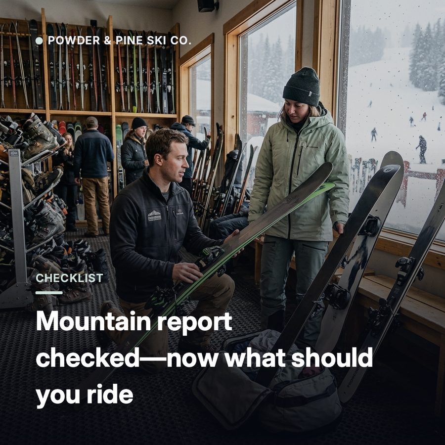 A shop technician kneeling to check a ski while a customer in a beanie watches, with snowy slopes and skiers through the window behind them.