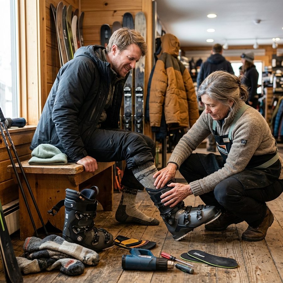 A boot fitter kneeling on the floor of a wood-panelled ski shop, adjusting a ski boot on a seated customer's foot.