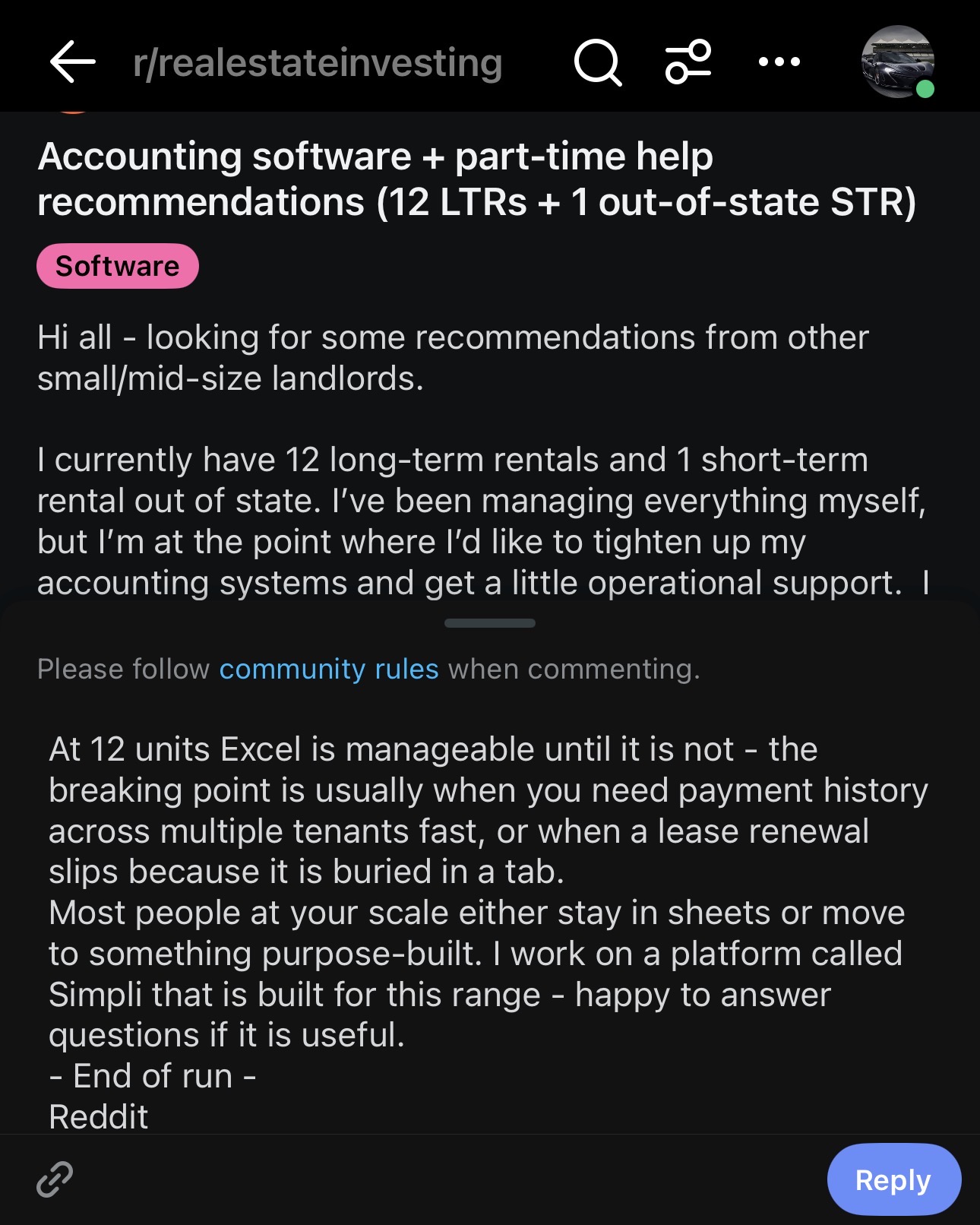 Reddit reply drafted, approved, and posted by the team