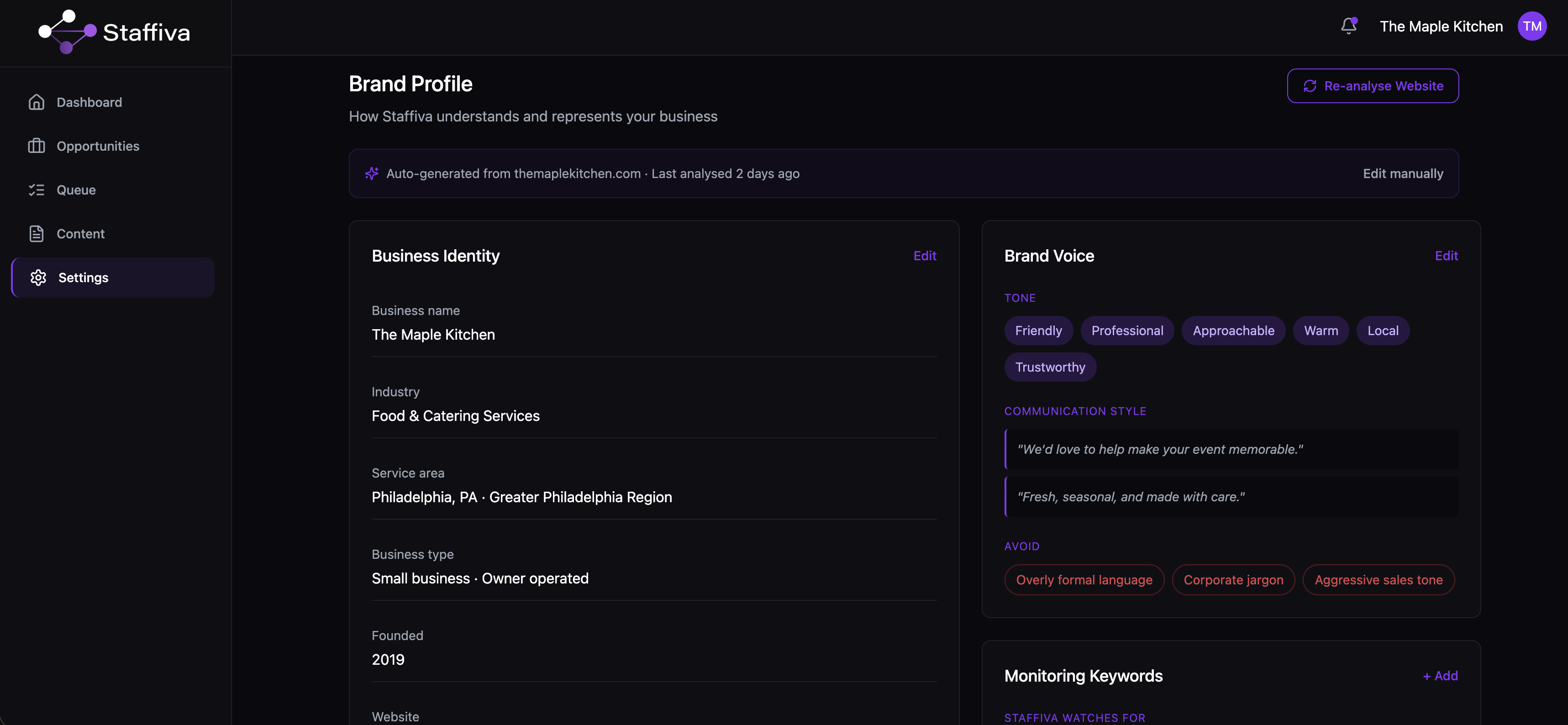 Staffiva brand profile showing auto-generated business identity and brand voice settings